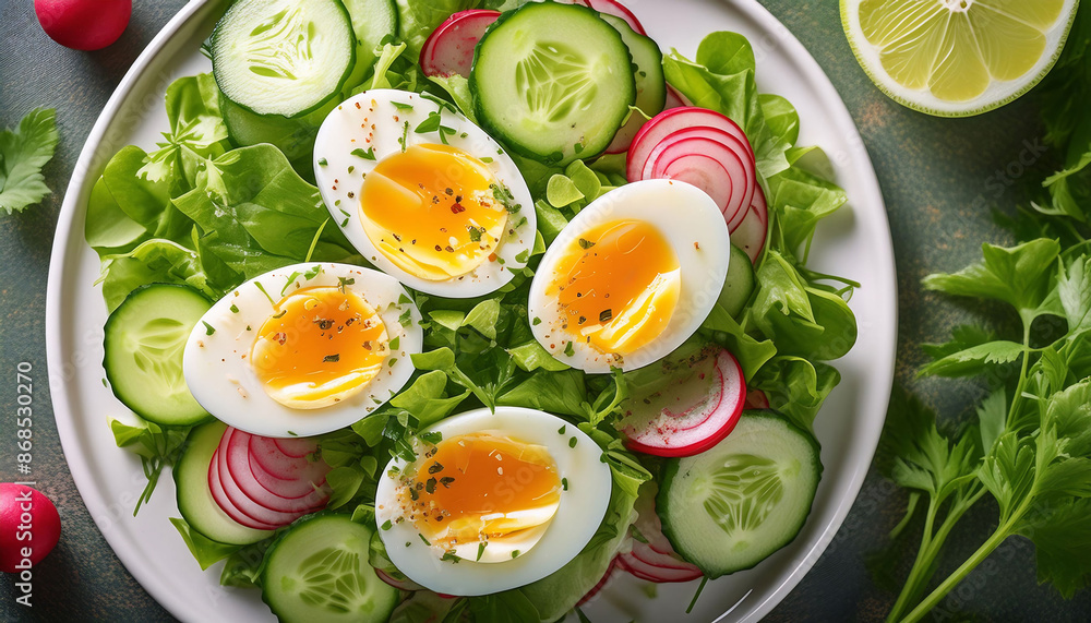 Sliced boiled egg on mixed greens with cucumbers, radishes, light vinaigrette. vegetarian, healthy food, nutrition, lifestyle