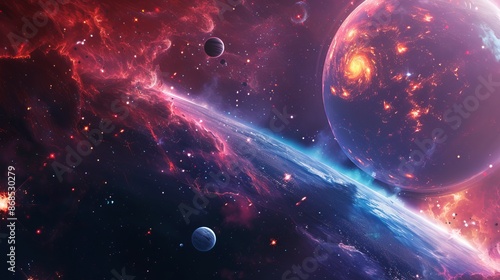 Abstract Planets and Space Background in Cosmic Blues and Purples © Nazia