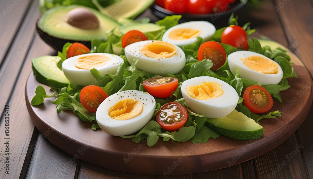 Sliced boiled eggs on mixed greens with avocado and cherry tomatoes on a rustic wooden board. Healthy vegetarian food. Sliced boiled eggs on mixed greens with avocado and cherry tomatoes on a rustic wooden board. Healthy vegetarian food.