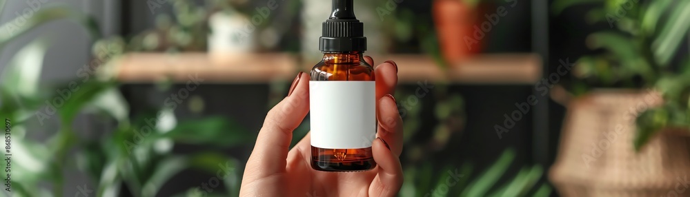Hand holding a dropper bottle mockup with a blank label, realistic setting, lifestyle mockup Hand holding a dropper bottle mockup with a blank label, realistic setting, lifestyle mockup