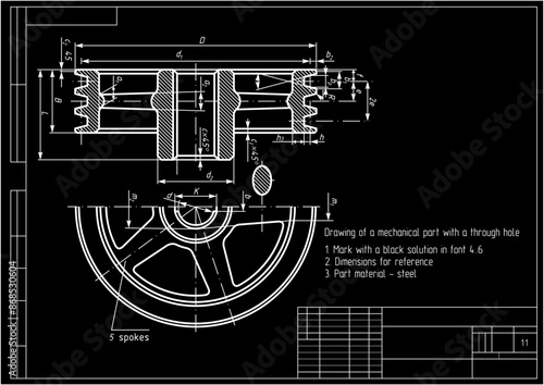 Vector drawing of steel cast mechanical part
(toothed round wheel with spokes) with through holes and dimension lines. Engineering cad scheme. Technical template of valve. Cross section.