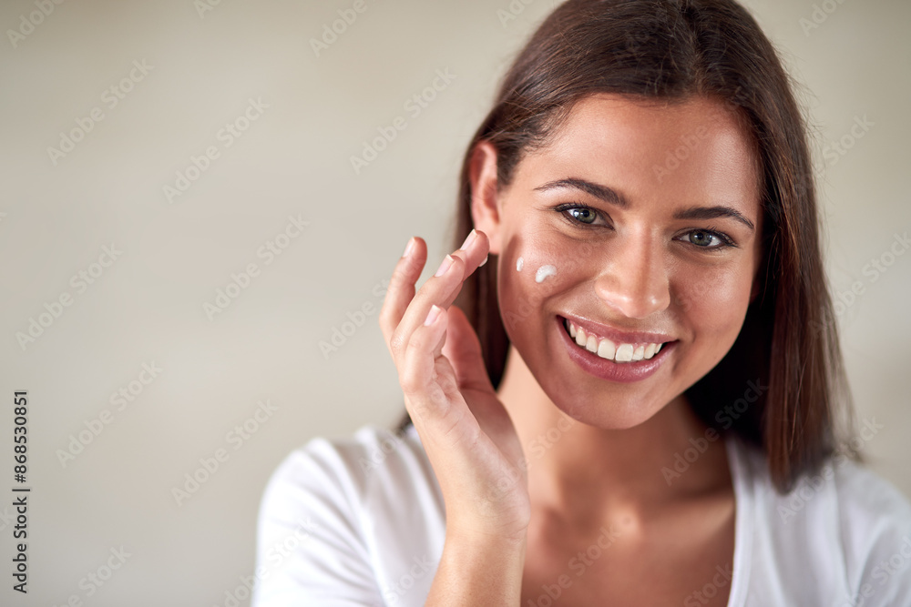 Portrait, woman and cream in home for skincare, dermatology and happy for morning routine. Female person, lotion and smile for moisturizer in apartment with glow, shine and results from facial Portrait, woman and cream in home for skincare, dermatology and happy for morning routine. Female person, lotion and smile for moisturizer in apartment with glow, shine and results from facial