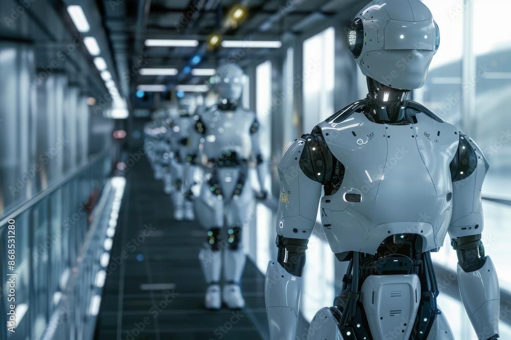 A Line of White Robots in a Futuristic Corridor A Line of White Robots in a Futuristic Corridor
