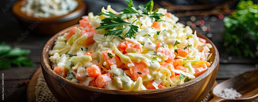 Delicious homemade coleslaw in rustic bowl, fresh ingredients, perfect for summer barbecue or picnic, healthy side dish. Delicious homemade coleslaw in rustic bowl, fresh ingredients, perfect for summer barbecue or picnic, healthy side dish.