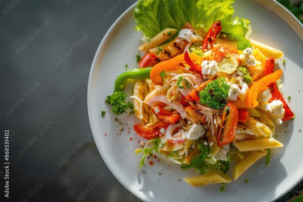 A delicious plate of pasta salad with colorful vegetables, topped with fresh herbs and a drizzle of flavorful dressing, garnished with lettuce. A delicious plate of pasta salad with colorful vegetables, topped with fresh herbs and a drizzle of flavorful dressing, garnished with lettuce.