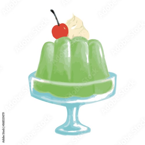 昭和レトロの喫茶店に出そうなさくらんぼの乗ってる緑のゼリーのイラスト