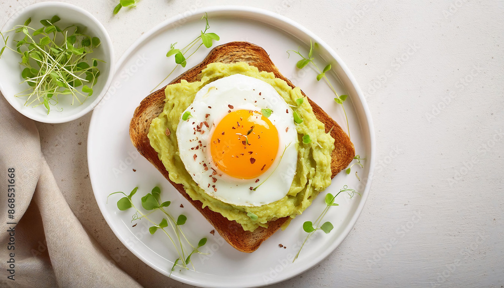 Whole grain toast with mashed avocado, sunny-side-up egg, microgreens on a white ceramic plate. Healthy breakfast. Whole grain toast with mashed avocado, sunny-side-up egg, microgreens on a white ceramic plate. Healthy breakfast.