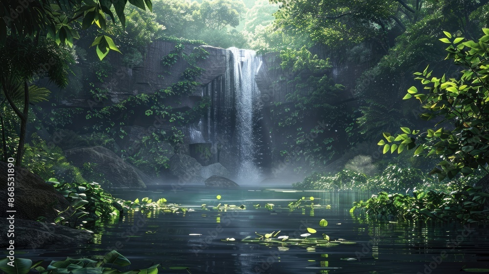 A captivating view of a waterfall cascading into a serene pool surrounded by greenery A captivating view of a waterfall cascading into a serene pool surrounded by greenery