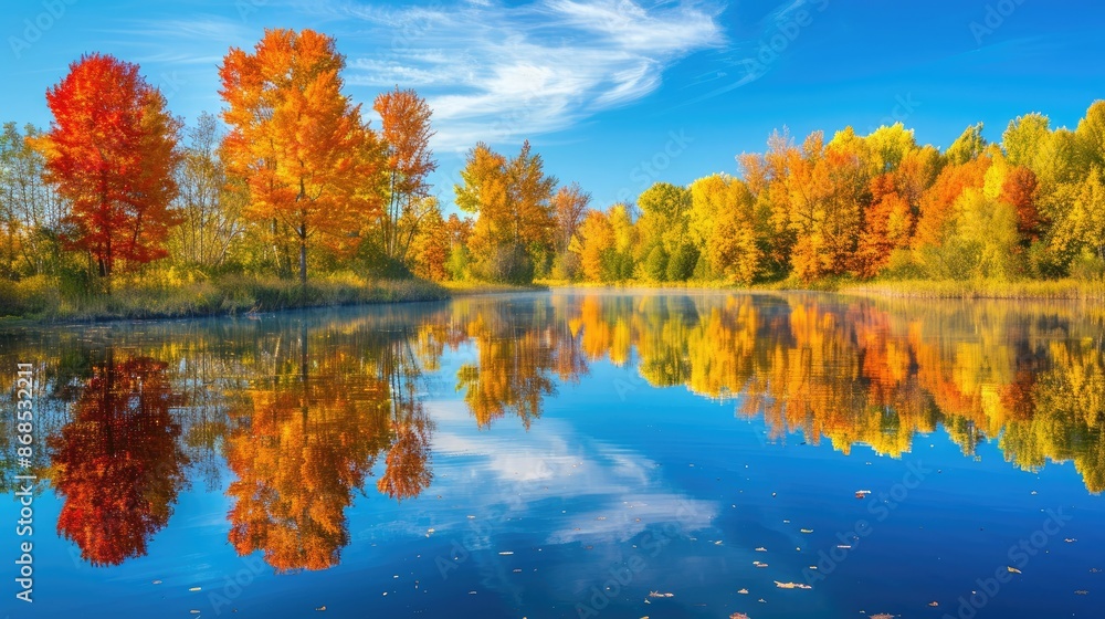A colorful autumn landscape with vibrant fall foliage reflected in a calm lake A colorful autumn landscape with vibrant fall foliage reflected in a calm lake