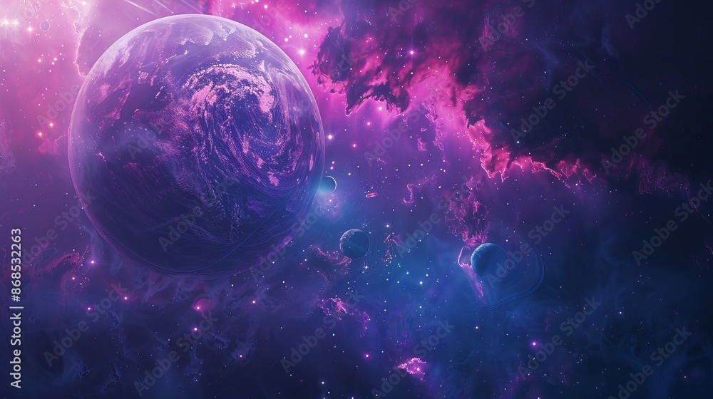 Abstract Planets and Space Background, Cosmic Nebula with Glowing Galactic Elements