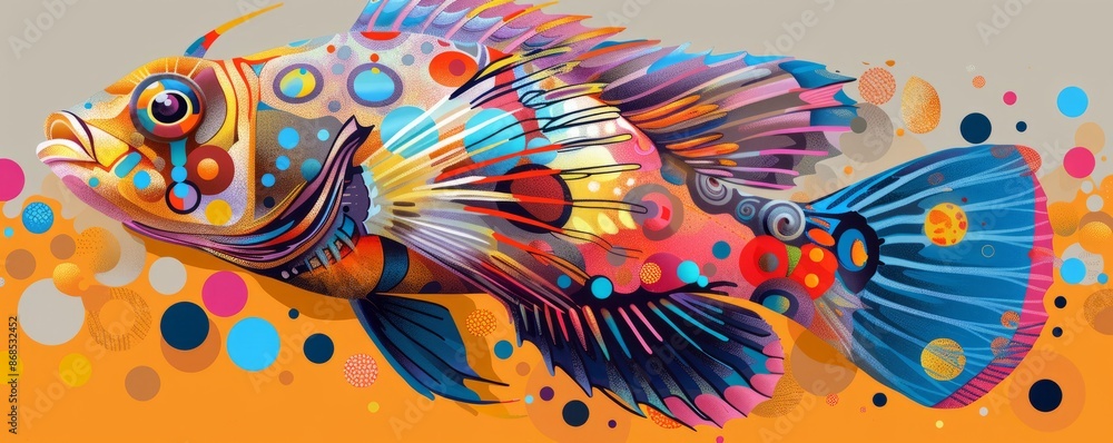 Brightly colored, stylized fish Brightly colored, stylized fish
