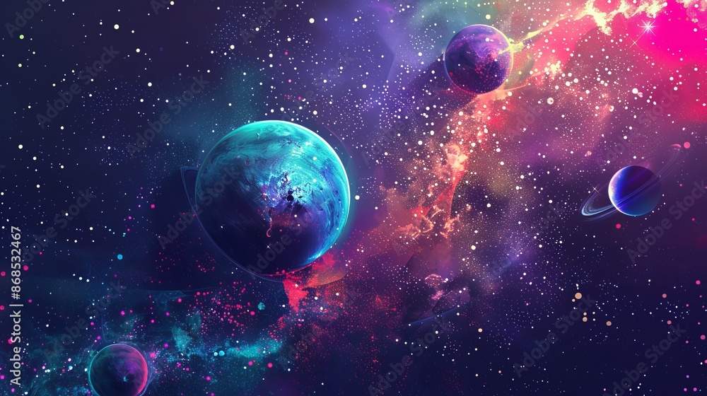 Naklejka premium Abstract Planets and Space Background in Cosmic Blues and Purples