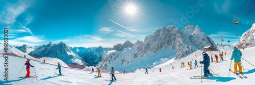 Winter vacation at scenic mountain ski resort is popular with skiing snowboarding enthusiasts who love adventurous holidays in snowcovered surroundings. Activities include skiing snowboarding