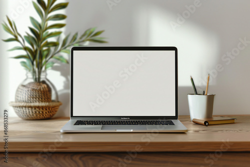 blank mockup Laptop on table in minimalist style workplace
