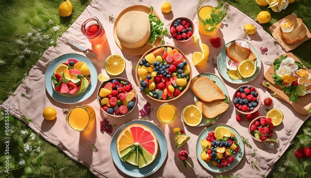 Fototapeta premium Summer Picnic Spread- Illustrate a cheerful summer picnic scene with a blanket spread out.