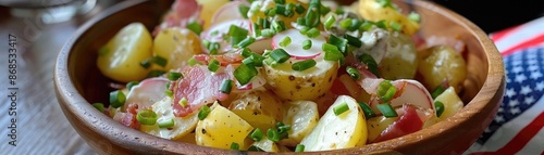 A delicious bowl of potato salad garnished with fresh herbs and onions, placed on a wooden table next to an American flag napkin.