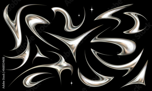 Set of neotribal metallic elements. Tattoo style chrome vector illustrations.