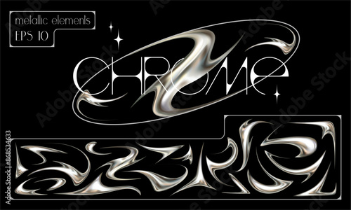 Set of neotribal metallic elements. Tattoo style chrome vector illustrations. photo