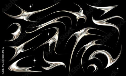 Set of neotribal metallic elements. Tattoo style chrome vector illustrations.