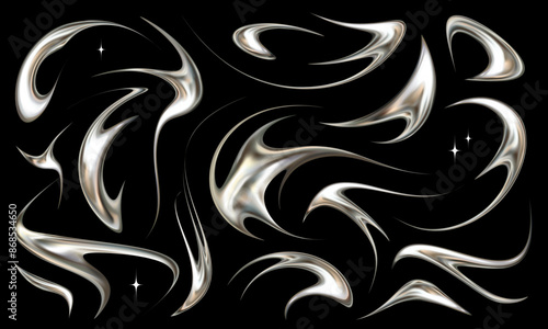 Set of neotribal metallic elements. Tattoo style chrome vector illustrations.