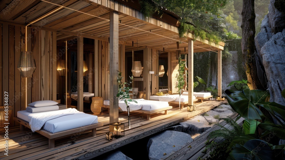 high-end spa with wooden treatment rooms and a peaceful, natural setting high-end spa with wooden treatment rooms and a peaceful, natural setting