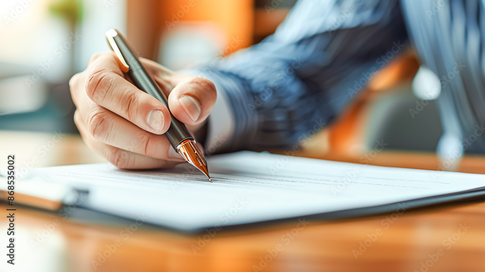 A close-up shot of a hand holding a pen and signing a contract on a desk in a corporate office setting A close-up shot of a hand holding a pen and signing a contract on a desk in a corporate office setting