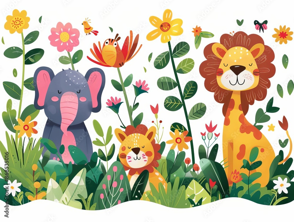 Naklejka premium Cute cartoon animals in the jungle, including an elephant, lion, and giraffe, with flowers and plants, white background