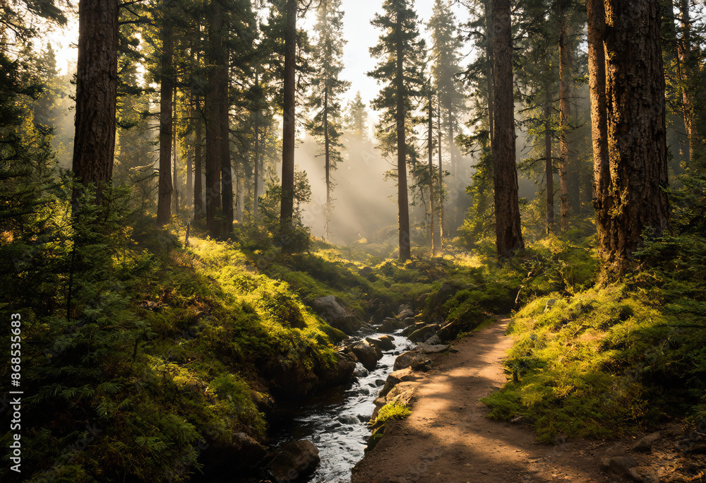 Fototapeta premium Morning walk in a beautiful forest, with a creek flowing by the side of the path