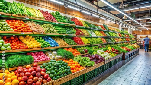 Fototapeta Naklejka Na Ścianę i Meble -  Vibrant fresh produce section in supermarket with customers selecting fruits and vegetables, supermarket, fresh