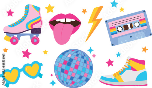 Set of colorful retro objects from 80s-90s. Vector illustration in flat style	