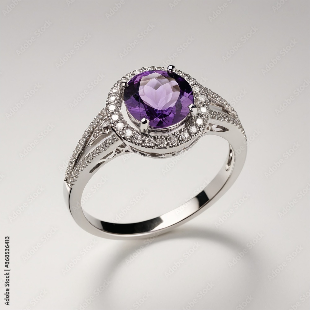 Luxurious Amethyst and Diamond Promise Ring on White Background Luxurious Amethyst and Diamond Promise Ring on White Background