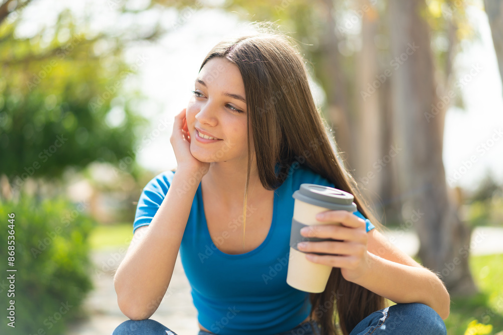 Teenager girl at outdoors holding a take away coffee Teenager girl at outdoors holding a take away coffee
