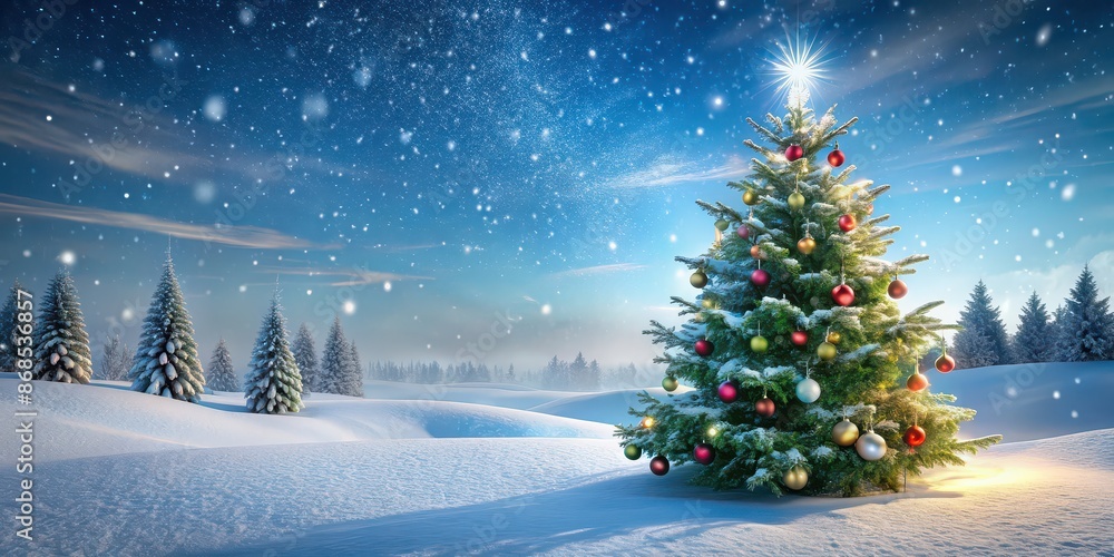 Winter wonderland scene with Christmas tree decorated with ornaments and snow-covered ground, merry christmas, winter Winter wonderland scene with Christmas tree decorated with ornaments and snow-covered ground, merry christmas, winter