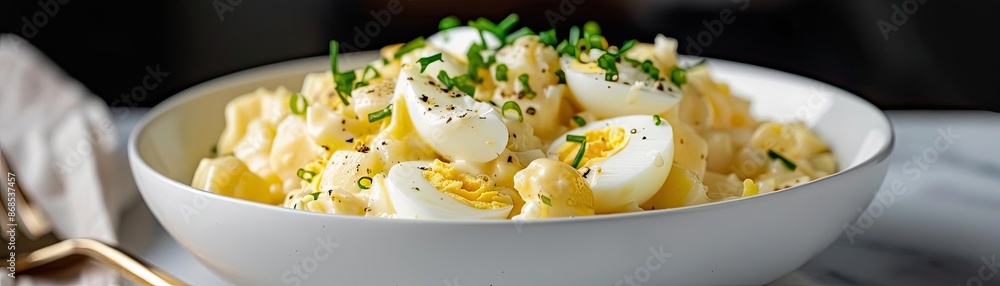 Delicious creamy potato salad with boiled eggs and fresh chives in a white bowl, perfect for a summer meal or picnic. Delicious creamy potato salad with boiled eggs and fresh chives in a white bowl, perfect for a summer meal or picnic.