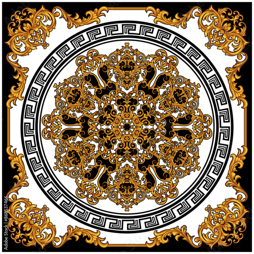 Beautiful design of silk scarf with traditional Baroque elements and meander pattern