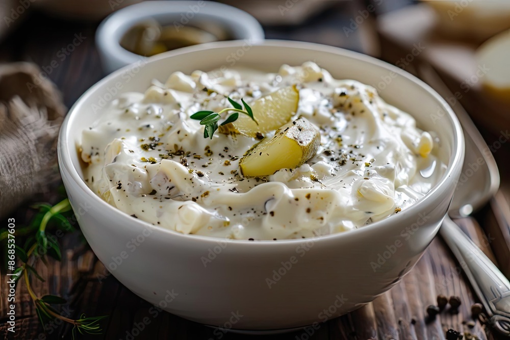 A bowl of creamy potato salad garnished with fresh herbs and pepper, served on a rustic wooden table with a spoon. A bowl of creamy potato salad garnished with fresh herbs and pepper, served on a rustic wooden table with a spoon.