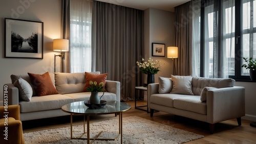 Interior of light living room with grey sofas, coffee table and large window