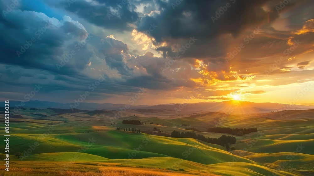 A mesmerizing panorama of rolling hills and farmland under a dramatic sky A mesmerizing panorama of rolling hills and farmland under a dramatic sky