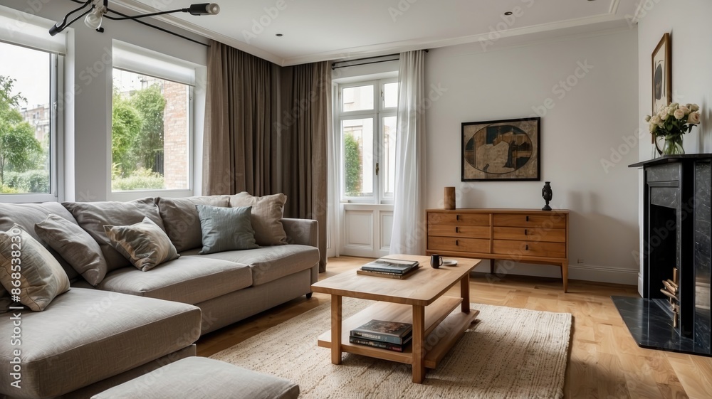 Interior of light living room with grey sofas, coffee table and large window Interior of light living room with grey sofas, coffee table and large window