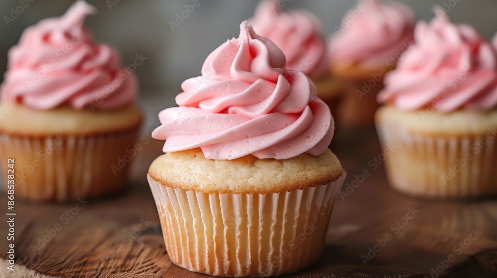 Cupcakes with a pink hue displayed on a wooden surface Cupcakes with a pink hue displayed on a wooden surface