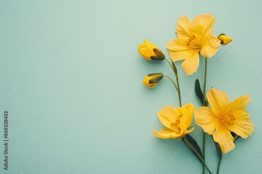 Minimalistic spring yellow flowers on a pastel background, in a flat lay composition for international women's day concept with copy space.
Minimalistic spring yellow flowers on a pastel background, in a flat lay composition for international women's day concept with copy space.