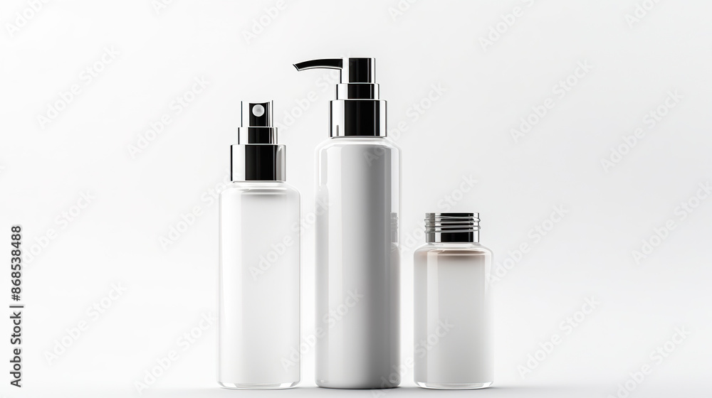 Isolated on a white background are bottles and containers for skincare products. Isolated on a white background are bottles and containers for skincare products.