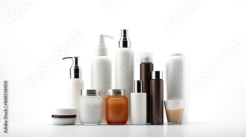 Isolated on a white background are bottles and containers for skincare products.