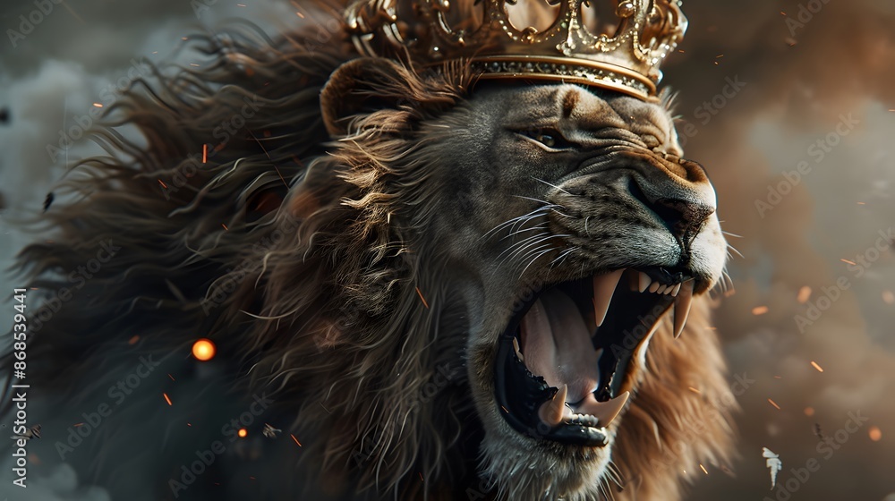 A majestic lion wearing a golden crown, roaring fiercely, epitomizes raw power and regal authority in the wild.