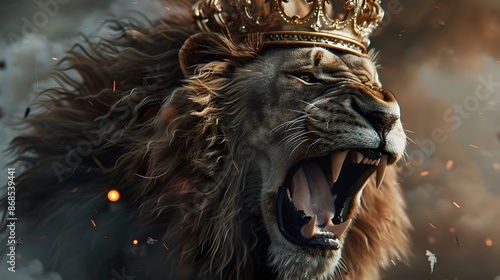 Obraz na płótnie A majestic lion wearing a golden crown, roaring fiercely, epitomizes raw power and regal authority in the wild. w salonie