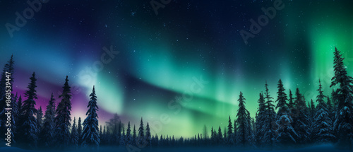 Serene Northern Lights Over Pine Forest and Snowy Landscape © heroimage.io