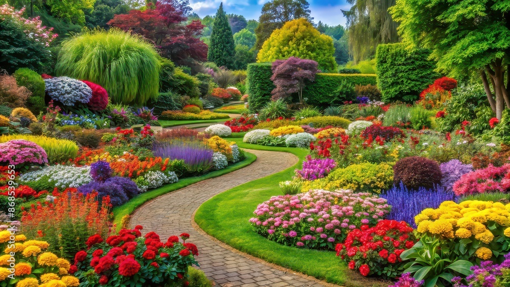 Obraz premium Beautiful garden with vibrant plants and colorful flowers, Botanical, flora, nature, blooms, gardening, blossom