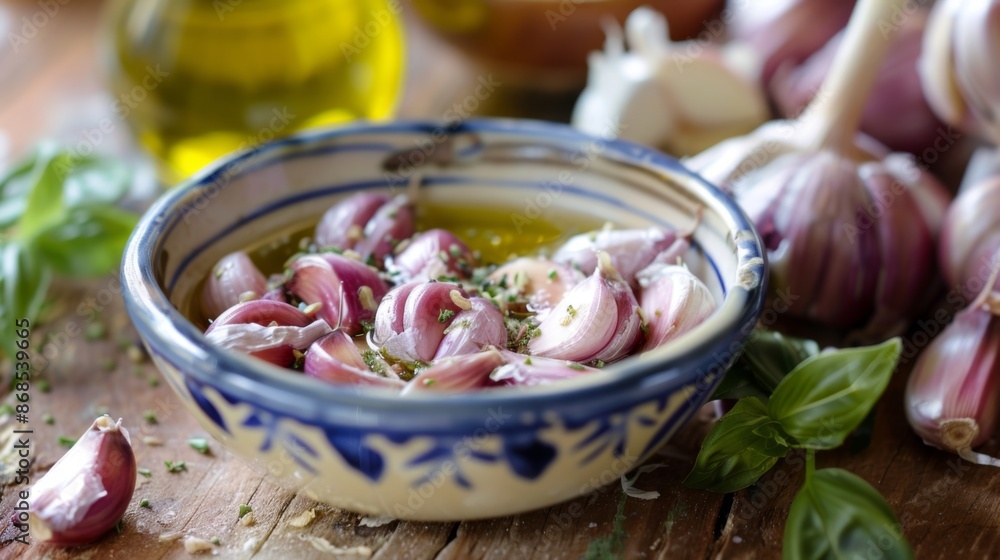 A bowl of homemade garlic sauce with red garlic cloves and olive oil, illustrating Mediterranean cuisine and healthy eating. A bowl of homemade garlic sauce with red garlic cloves and olive oil, illustrating Mediterranean cuisine and healthy eating.