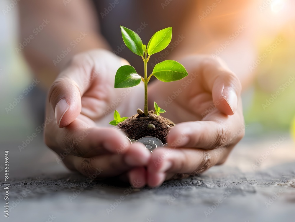 Holding a Growing Tree and Coin with Savings Concept Holding a Growing Tree and Coin with Savings Concept