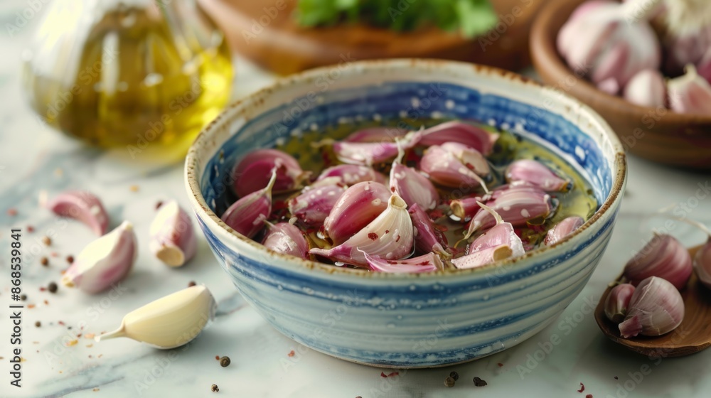 A bowl of homemade garlic sauce with red garlic cloves and olive oil, illustrating Mediterranean cuisine and healthy eating. A bowl of homemade garlic sauce with red garlic cloves and olive oil, illustrating Mediterranean cuisine and healthy eating.
